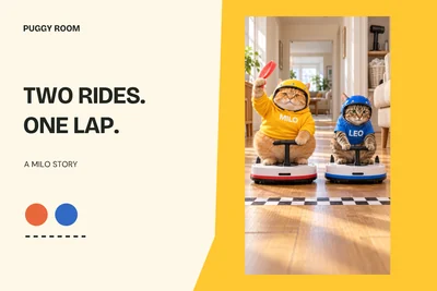 Story cover: MILO and LEO on their robot vacuums beside a racing graphic.