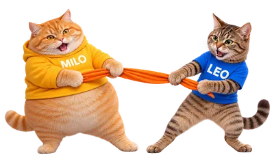 MILO and LEO each lean into a determined tug on an orange fabric ribbon.