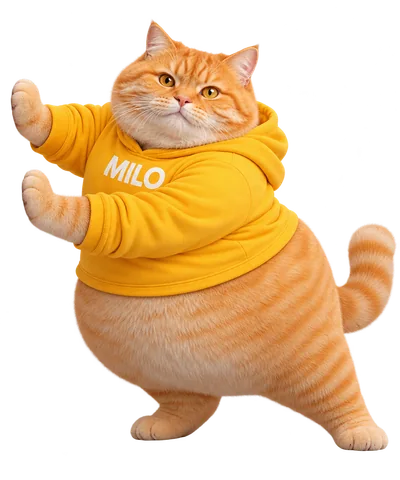 MILO, a round orange cat in a yellow hoodie, pushes against the edge of the page.