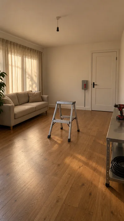 The ordinary living room before MILO’s project, with an empty ceiling light, a small ladder and the gray switch box beside the door.