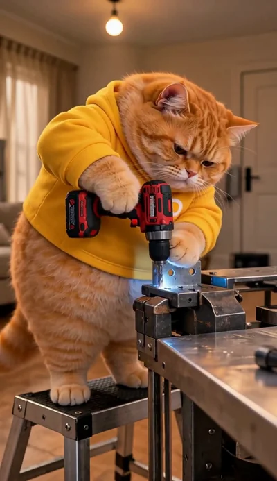 MILO uses a drill to fasten a metal support in the living room.