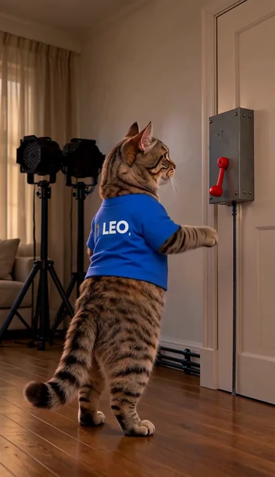 LEO stands beside the red handle while the stage lights are dark.
