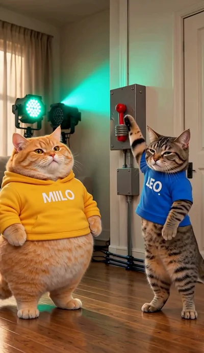 LEO holds the red handle beside MILO as a cyan light colors the room.