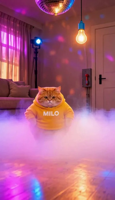 MILO stands in low mist beneath a mirrored ball and the original warm light bulb.