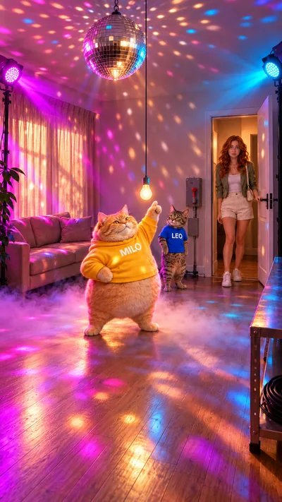 Luci opens the door onto the transformed room, with MILO posing in the light and LEO holding the red handle.