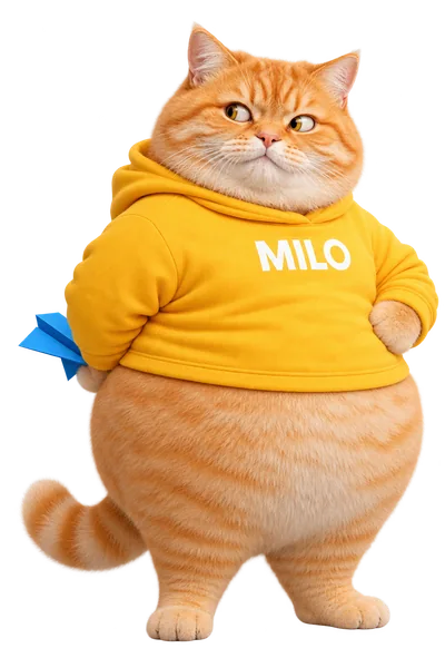 MILO keeps a blue paper airplane partly hidden behind his back.