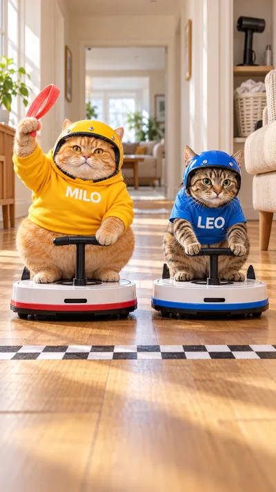 MILO and LEO line up on white robot vacuums with red and blue rims, wearing yellow and blue helmets.