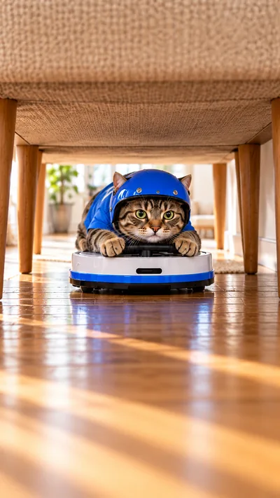 LEO lies low on his blue-rimmed vacuum and travels through the open space beneath the sofa.