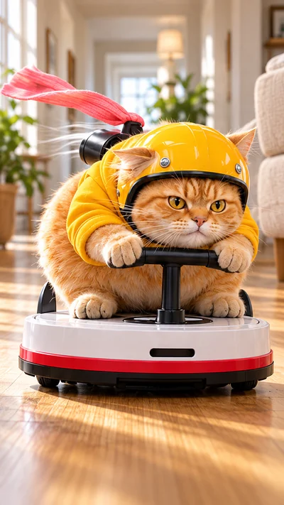 MILO grips his red-rimmed ride, now fitted with a rear-facing hair dryer and the pink headband.
