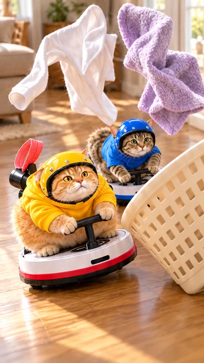 A tipped laundry basket sends a white shirt and lavender towel over the two racing cats.