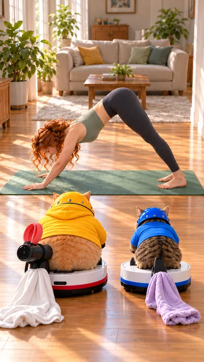 The two racers approach the side of Luci’s yoga mat, their trailing shirt and towel still visible.
