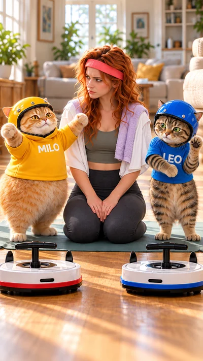 Luci sits on the mat wearing the pink headband while MILO presents her with an enthusiastic gesture and LEO stands beside his ride.