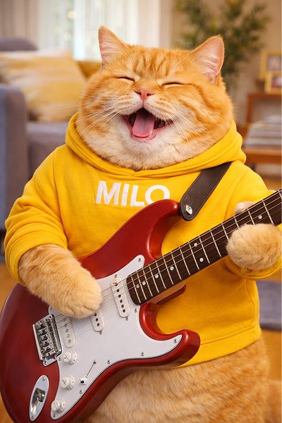 Milo wearing yellow hoodie standing up