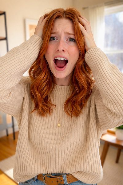 Luci wearing beige sweater