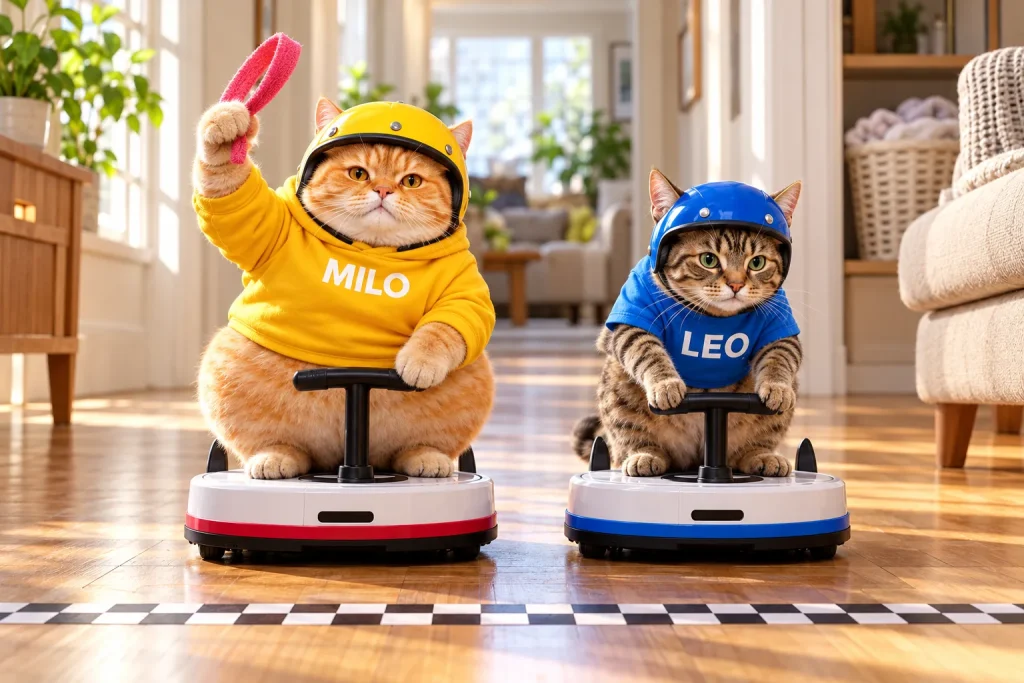 MILO raises a pink headband above his yellow helmet while LEO leans over the handlebars of his blue-rimmed robot vacuum at the starting line.