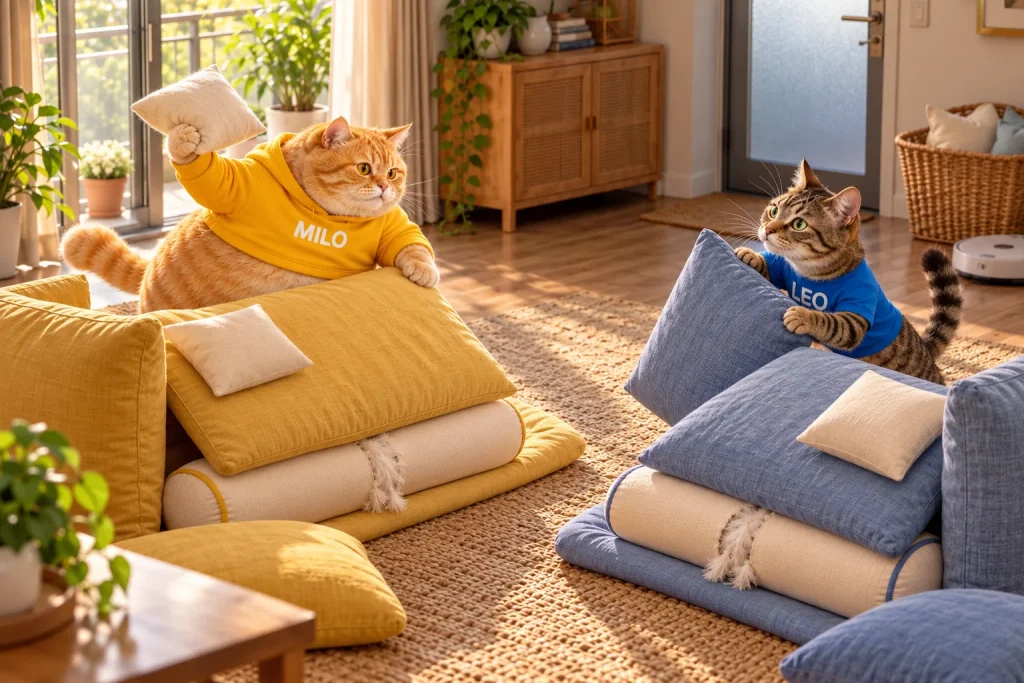 MILO and LEO face each other from yellow and blue cushion forts in their sunlit living room.