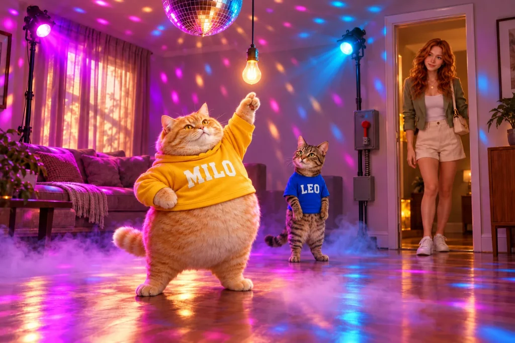 MILO points to a warm bulb beneath a mirror ball in a room full of colored lights and low mist, while LEO stands by the red switch and Luci looks in from the doorway.