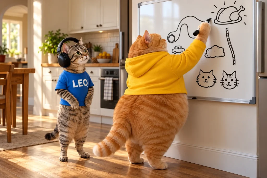 MILO draws a chicken-heist route while LEO stands beside the whiteboard in black headphones.