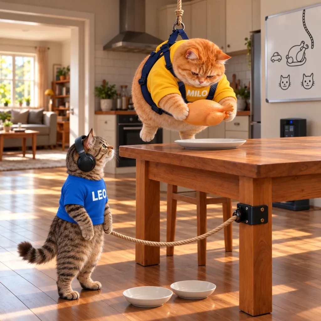 MILO hangs in a blue harness holding a toy chicken above the table while LEO waits below beside two empty plates.